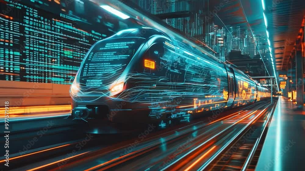 A sleek train speeds through a vibrant city adorned with neon lights, highlighting modern infrastructure and technology at night