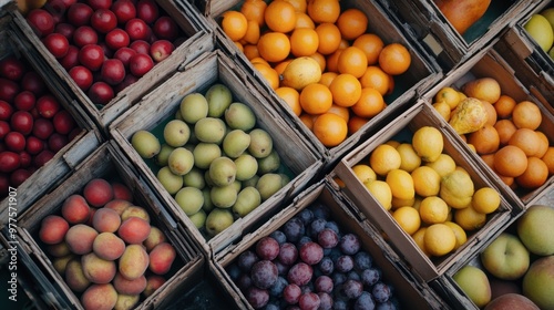 A top-down shot of a fruit market stall with a variety of vibrant, fresh fruits displayed in wooden crates.