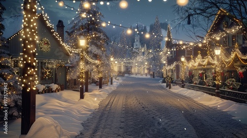 A snowy village square with twinkling Christmas lights and festive decorations