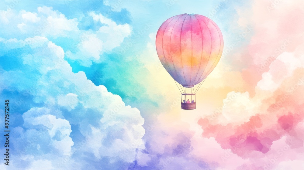 Fototapeta premium A dreamy landscape featuring a colorful hot air balloon soaring through pastel clouds, evoking feelings of adventure and freedom.