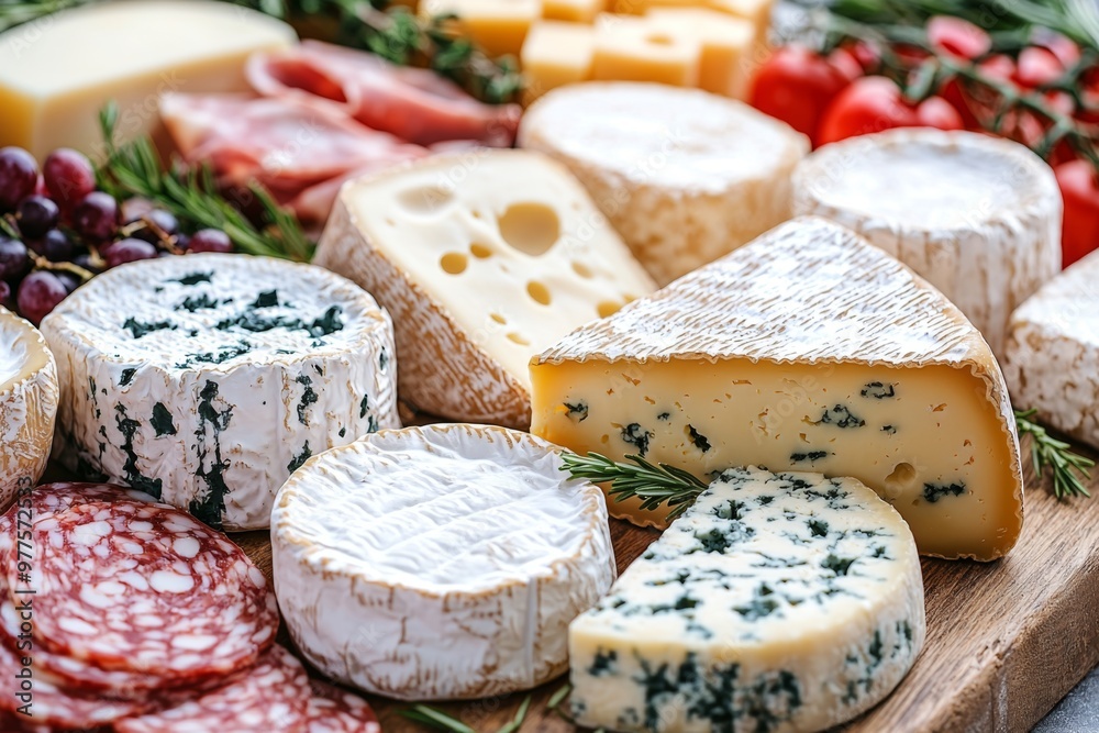 Assortment of cheese on wooden table, closeup. Dairy products. Cheese Selection. Large assortment of international cheese specialities. 