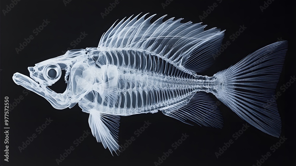 X-ray of a Fish's Skeleton: Top-down X-ray view of a fish, revealing the intricate skeletal structure and delicate fins.
X-ray of a Fish's Skeleton: Top-down X-ray view of a fish, revealing the intricate skeletal structure and delicate fins.