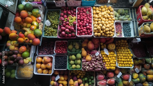 A top-down view of a market stall filled with a variety of fresh fruits, showcasing the abundance and colors.