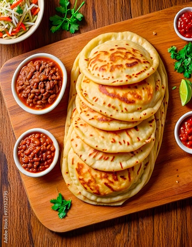 Top view of pupusa - traditional Salvadoran, Honduras griddle cake, flatbread with cheese, served on a wooden board with side dishes
