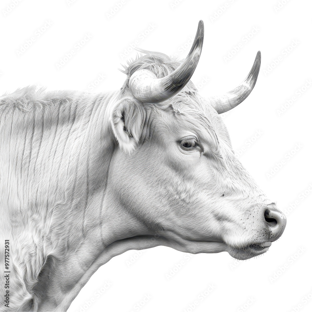 A cow with horns is shown in a black and white photo A cow with horns is shown in a black and white photo