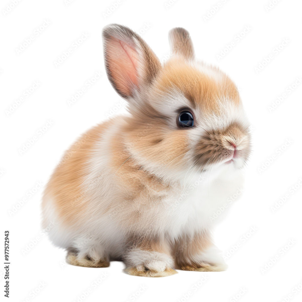 A cute little rabbit with brown and white fur is sitting on a white background A cute little rabbit with brown and white fur is sitting on a white background