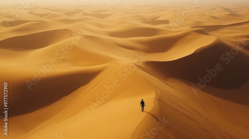 A top-down view of a solitary figure walking across vast desert dunes, emphasizing the scale and isolation.