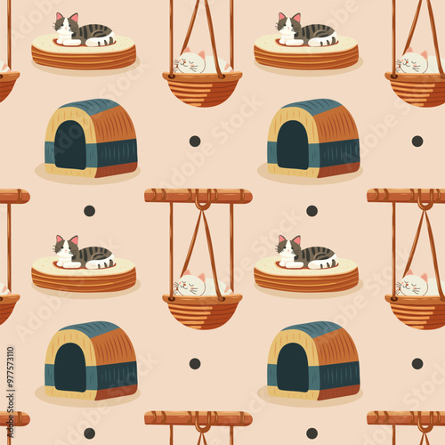 Seamless pattern for cats. Scratching post, bed and house for cats. Tree, swing for a cat. Design for packaging, fabric, accessories, vector.