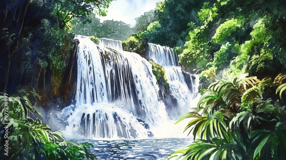 Naklejka premium A serene waterfall cascading down lush greenery, surrounded by vibrant foliage and tranquil waters, perfect for nature lovers.