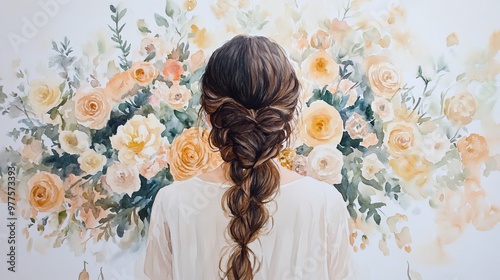 A serene woman with a beautiful braid stands in front of a vibrant floral backdrop, embodying elegance and tranquility.