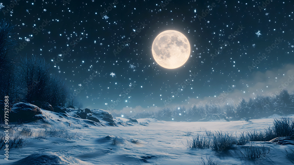 Fototapeta premium The moon casting a pale glow over a snow-covered landscape, with sparkling snowflakes