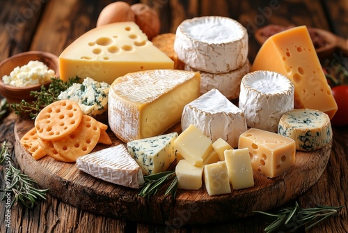 Assortment of cheese on wooden table, closeup. Dairy products. Cheese Selection. Large assortment of international cheese specialities. 