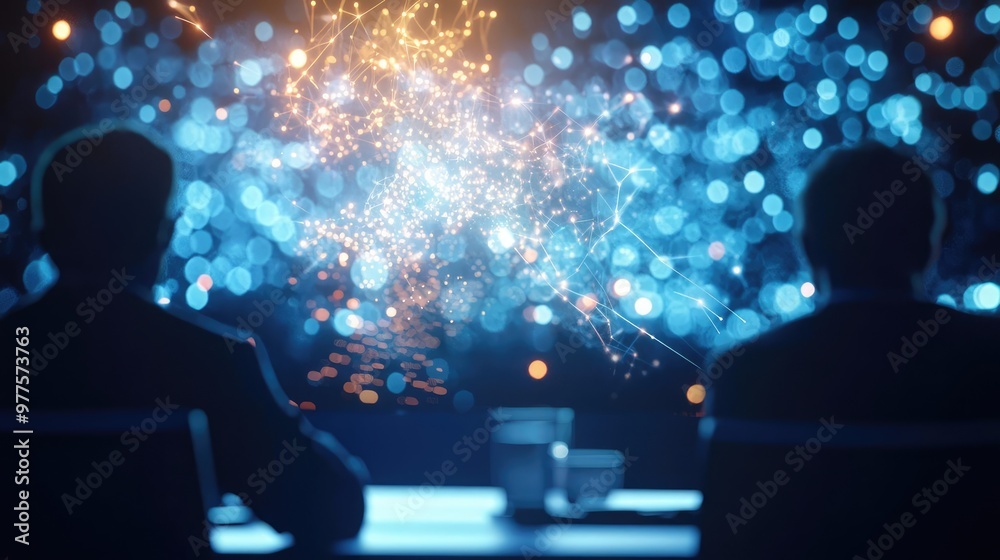 Two individuals observe a dazzling display of blue sparks, symbolizing innovation and creativity in a tech-driven environment. Two individuals observe a dazzling display of blue sparks, symbolizing innovation and creativity in a tech-driven environment.