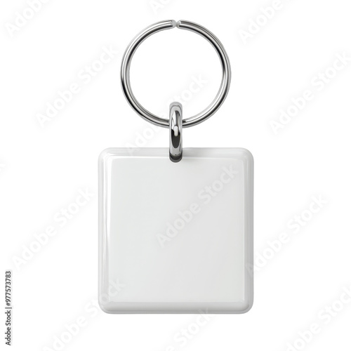 A white key chain with a silver ring photo