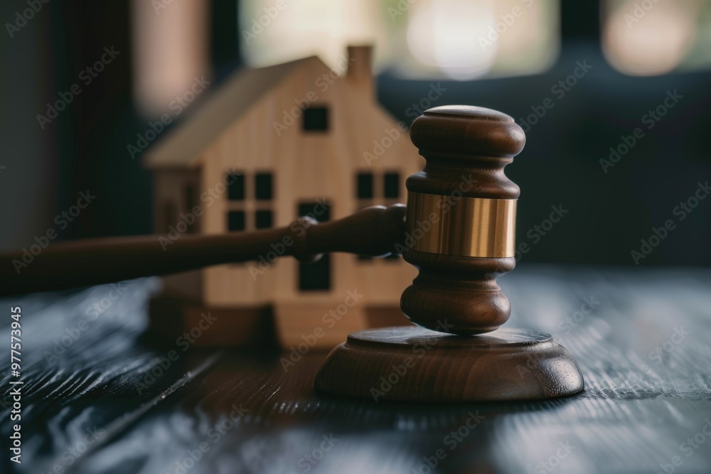A small house is lit up with lights and is sitting on a table next to a gavel A small house is lit up with lights and is sitting on a table next to a gavel