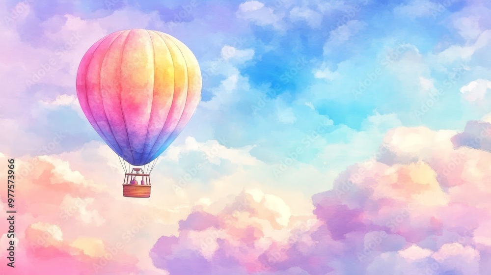 Obraz premium A vibrant hot air balloon floats through a dreamy pastel sky filled with fluffy clouds, evoking a sense of adventure and tranquility.