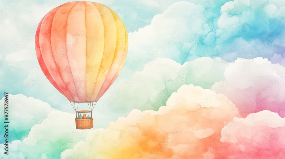 Fototapeta premium A vibrant hot air balloon soaring through colorful clouds, evoking a sense of adventure and freedom in a dreamy sky.