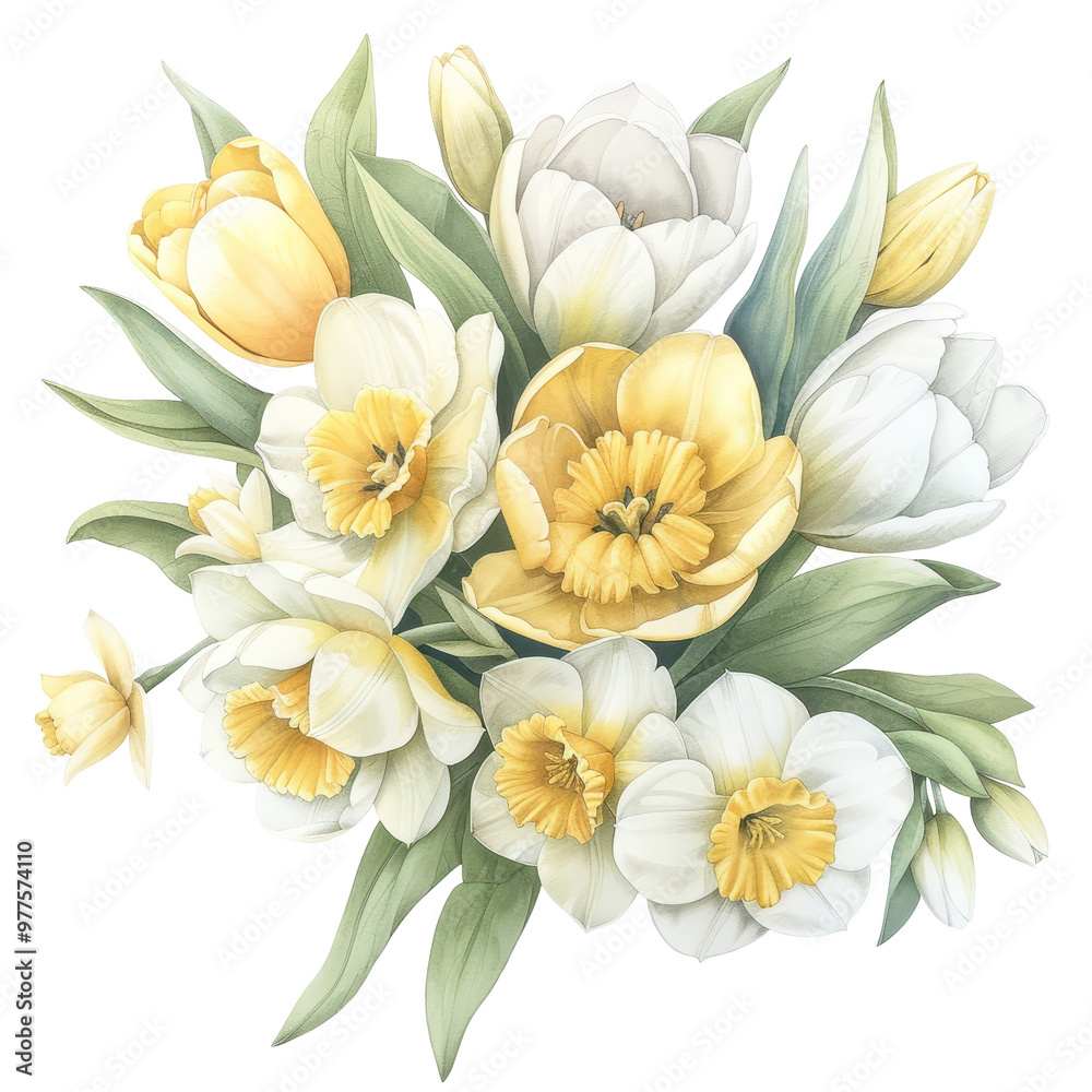 Fototapeta premium A bouquet of yellow and white flowers with green leaves