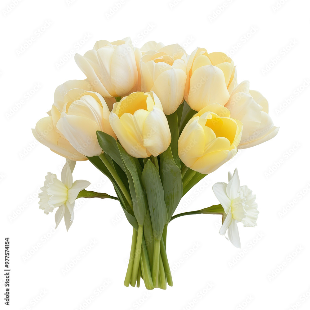 A bouquet of yellow tulips is arranged in a vase A bouquet of yellow tulips is arranged in a vase