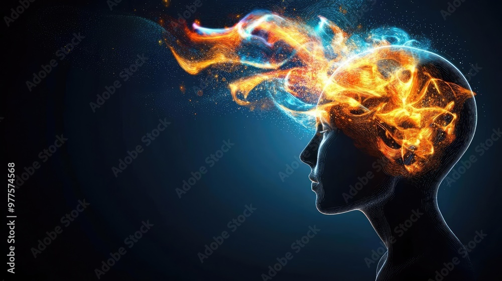A creative representation of a human head emitting colorful flames, symbolizing creativity and innovative thinking. A creative representation of a human head emitting colorful flames, symbolizing creativity and innovative thinking.