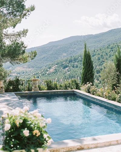 Home swimming pool in a warm Mediterranean climate, surrounded by shrubbery and flowers