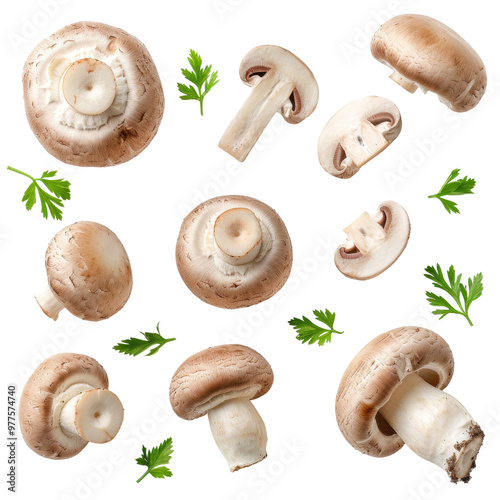 A collection of mushrooms and parsley photo