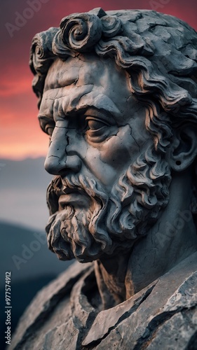 Timeworn grey stone sculpture of a Greek stoic figure, showing cracks from centuries of wear