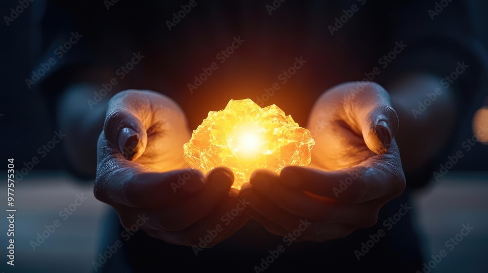 A glowing crystal held delicately in hands, radiating warmth and light, symbolizing energy and mystical beauty. A glowing crystal held delicately in hands, radiating warmth and light, symbolizing energy and mystical beauty.