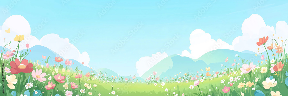 Fototapeta premium Banner of Cute flat cartoon of : flowers field Panoramic kids meadow with wildflowers of mountains, bright blue sky and clouds. Cheerful nature landscape with copy space.