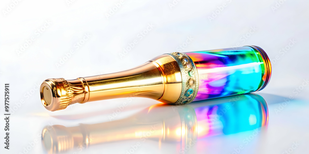 3D Holographic Champagne Bottle Capsule Concept - Close-Up of a Futuristic Design with Mesmerizing Details on White Background, Perfect for Stock Imagery 3D Holographic Champagne Bottle Capsule Concept - Close-Up of a Futuristic Design with Mesmerizing Details on White Background, Perfect for Stock Imagery