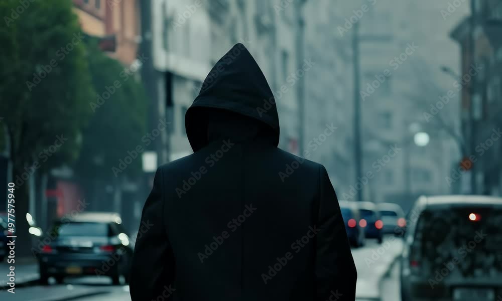 Unrecognizable Person in a Black Hooded Jacket Walking Through a City