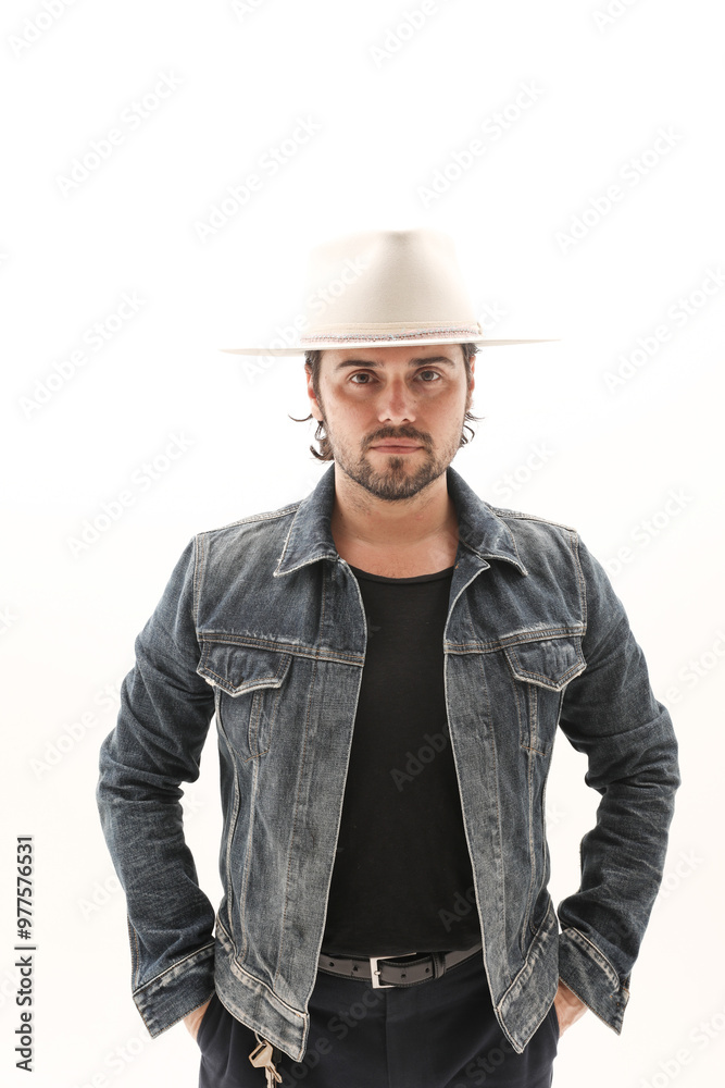 Bearded young man wearing denim jacket and fedora hat over white wall. Vertical. Bearded young man wearing denim jacket and fedora hat over white wall. Vertical.
