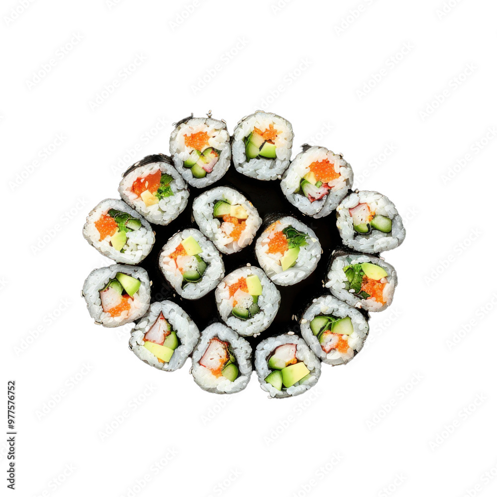 Many different delicious sushi rolls forming a circle on white background Many different delicious sushi rolls forming a circle on white background