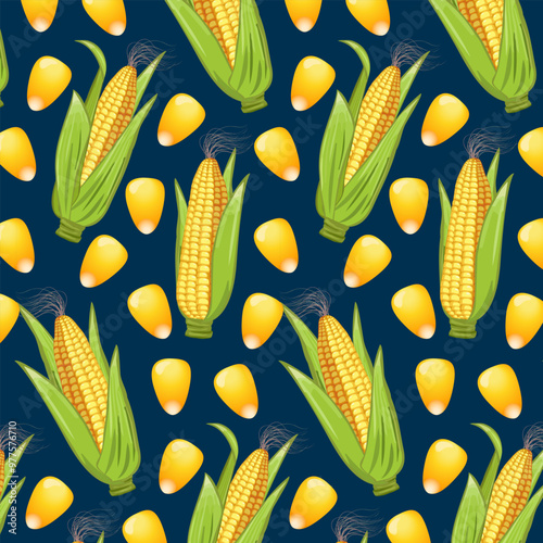 Pattern of cobs and grains of corn.Vector seamless pattern with corn and grains on a colored background.