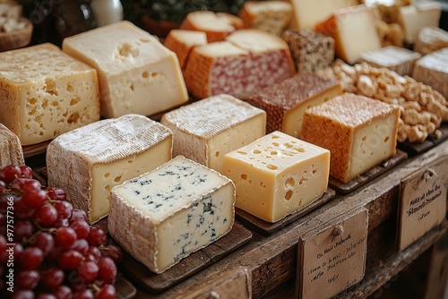 Assortment of cheese on wooden table, closeup. Dairy products. Cheese Selection. Large assortment of international cheese specialities.
 photo