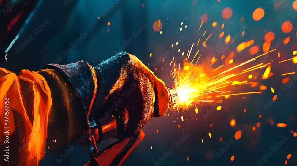 Welder’s Hand Holding a Welding Torch: A welder's gloved hand holding a welding torch, with sparks flying in the background.
Welder’s Hand Holding a Welding Torch: A welder's gloved hand holding a welding torch, with sparks flying in the background.