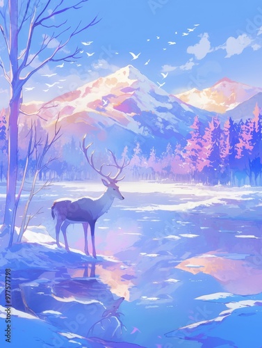 Enchanting Anime-Style Winter Scene: Majestic Deer Drinking at Forest Edge with Snowy Mountains. Vibrant Marketing Visual for Cultural Campaigns, Bestseller Themes, and Season-End Promotions. Captivat photo