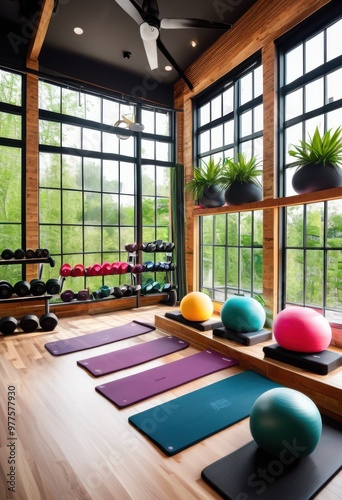vibrant display exercise equipment featuring resistance yoga mats well organized fitness setup, weights, dumbbells, gear, workout, bands, gym, barbells