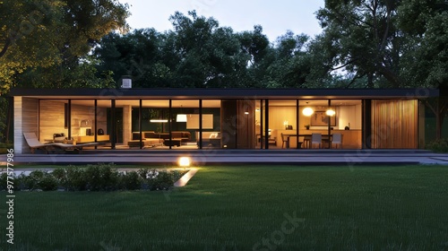 Exterior of a luxurious modern house illuminated by elegant lighting and its garden at night