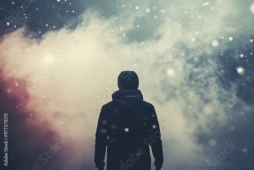 Silhouette of Man Gazing at Starry Night Sky with Snow Falling