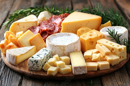Assortment of cheese on wooden table, closeup. Dairy products. Cheese Selection. Large assortment of international cheese specialities. 