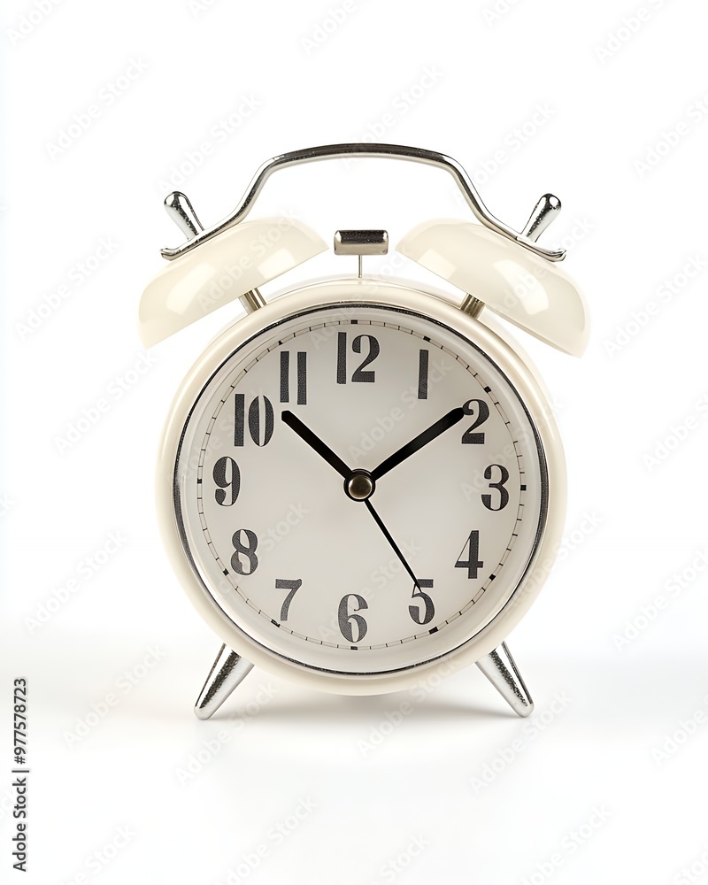 A classic cream-colored alarm clock with silver accents sits on a white background. A classic cream-colored alarm clock with silver accents sits on a white background.