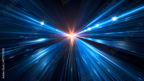 Abstract star burst background with blue laser beams and glowing lights