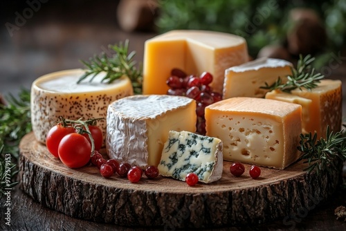 Assortment of cheese on wooden table, closeup. Dairy products. Cheese Selection. Large assortment of international cheese specialities. 