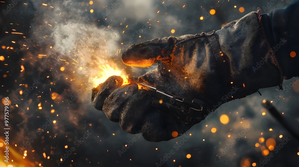 Welder’s Hand Holding a Welding Torch: A welder's gloved hand holding a welding torch, with sparks flying in the background.
Welder’s Hand Holding a Welding Torch: A welder's gloved hand holding a welding torch, with sparks flying in the background.