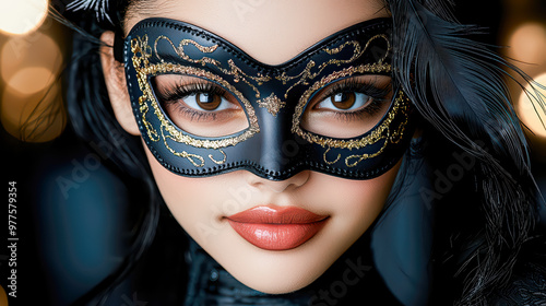 Venetian Carnival Elegance A stunning close-up of a woman wearing an intricate masquerade mask symbolizing mystery beauty and the tradition of hiding one’s identity during the famous Venice Carnival