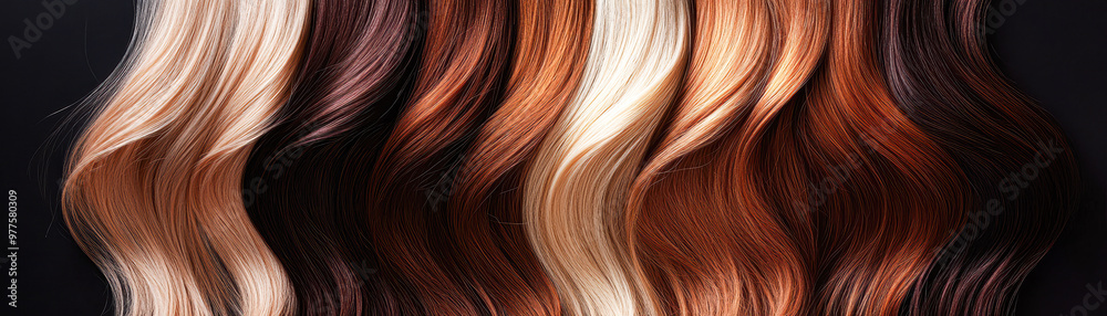A row of hair with different colors, including brown, blonde, and red A row of hair with different colors, including brown, blonde, and red