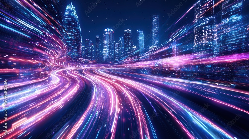A cityscape with a long, curving road that is lit up with neon lights
