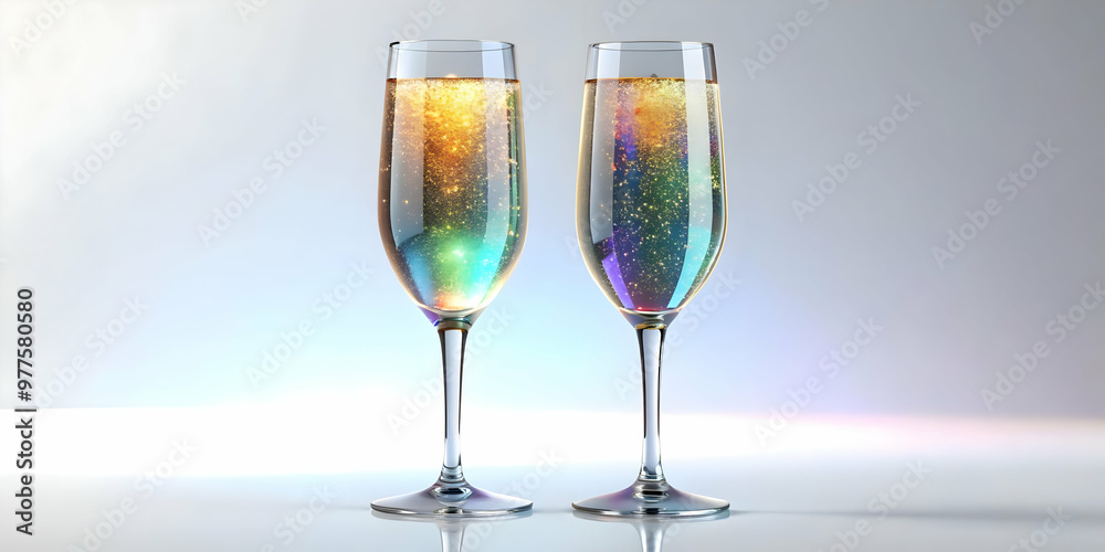 Wide Shot of Two Flat Holographic Champagne Flutes Filled with Glowing Effervescent Liquid on White Background - Sparkling Details & Copy Space Wide Shot of Two Flat Holographic Champagne Flutes Filled with Glowing Effervescent Liquid on White Background - Sparkling Details & Copy Space