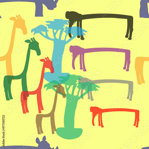 Cartoon jungle animals elephants and giraffes on the background of a bright colored exotic landscape.Landscape animals and plants. Translucent seamless pattern on textiles, prints and paper products. 